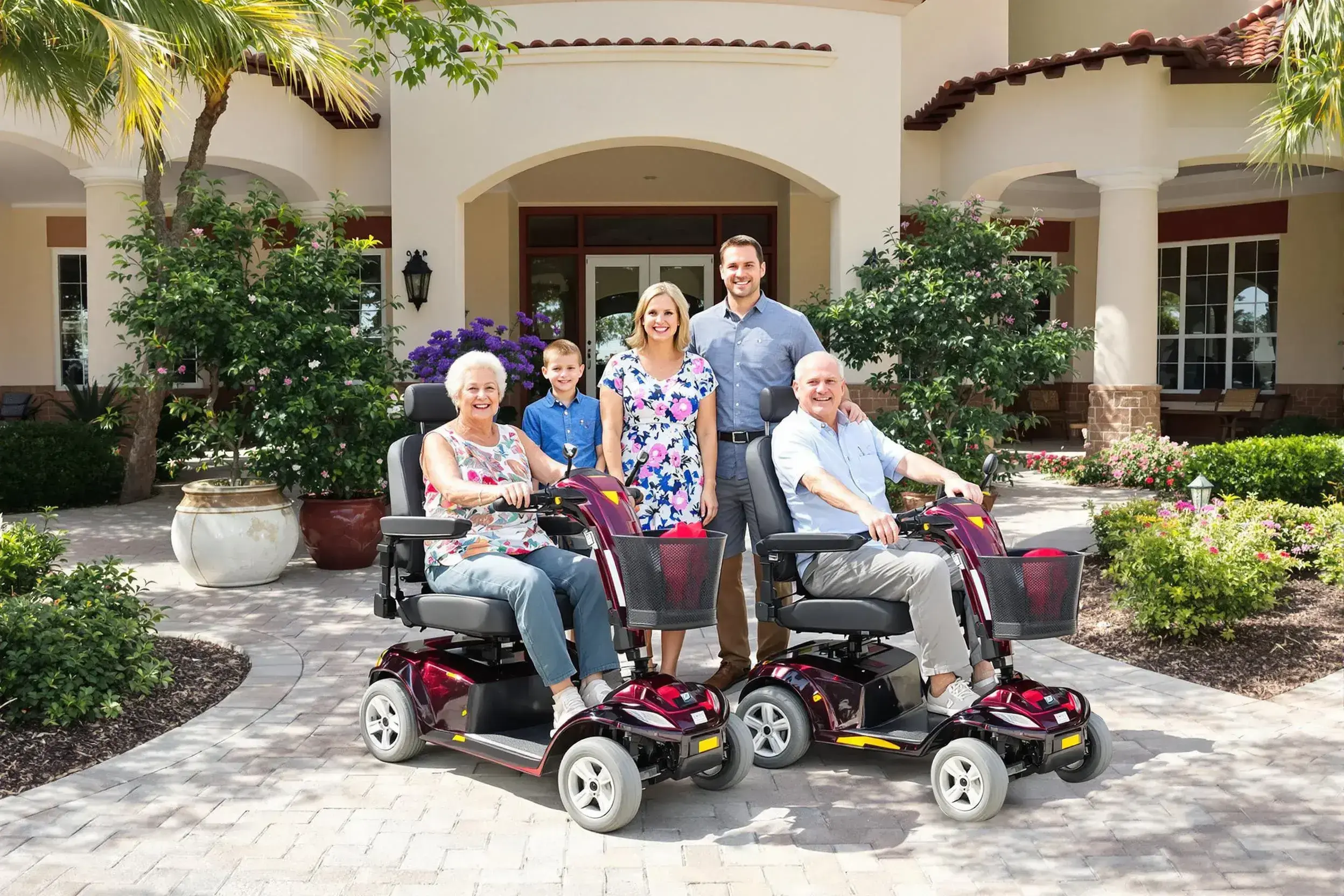 Abuelos felices disfrutando de sus vacaciones familiares en el Windsor Hills Clubhouse con movilidad fácil gracias al alquiler de scooter de Cloud of Goods Orlando.