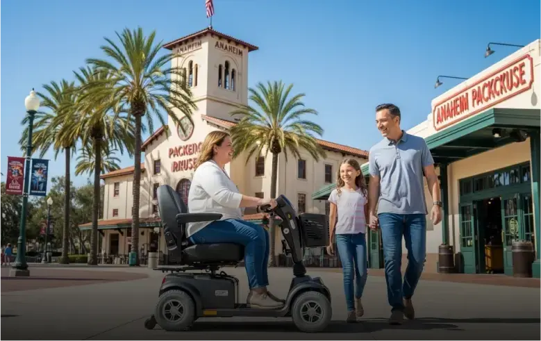 Family enjoying Anaheim with woman riding a mobility scooter rental from Cloud of Goods near the Anaheim Packing House