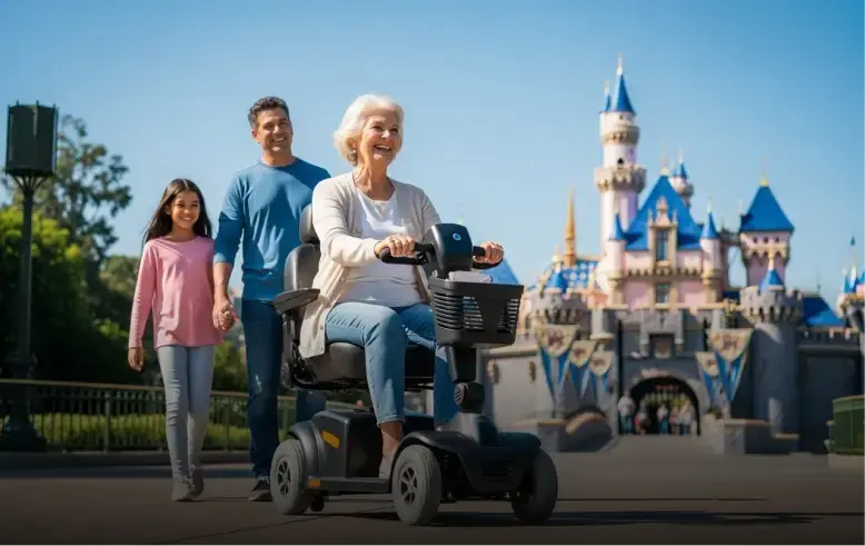 Happy family at Disneyland Anaheim with elderly woman riding a mobility scooter rented from Cloud of Goods.