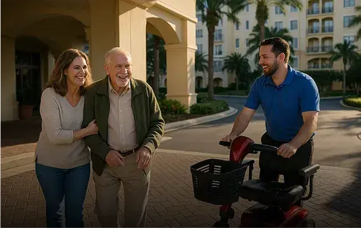 Senior man arriving at Orlando hotel as Cloud of Goods delivers a mobility scooter – hassle-free scooter rental service