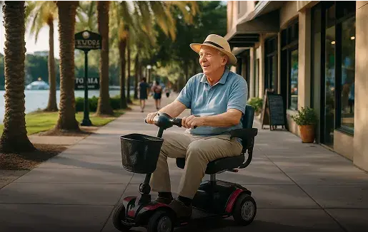 Smiling senior man riding a mobility scooter on a scenic Orlando sidewalk – Cloud of Goods scooter rental for easy travel