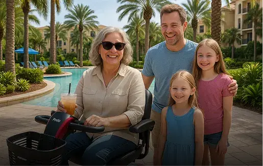 Happy family with senior woman using a Cloud of Goods mobility scooter at an Orlando resort – convenient scooter rental for vacations