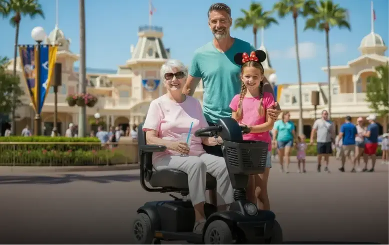 Happy family with senior woman using a Cloud of Goods mobility scooter at an Orlando resort – convenient scooter rental for vacations