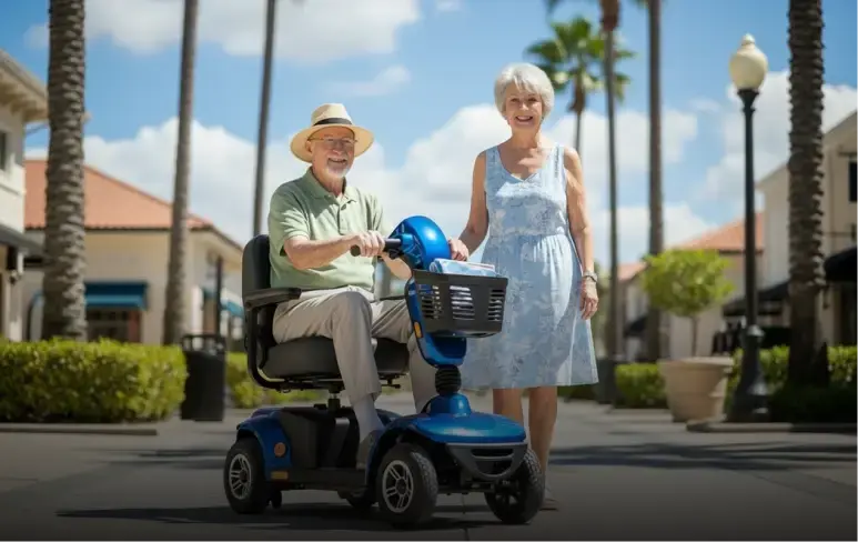 Smiling senior man riding a mobility scooter on a scenic Orlando sidewalk – Cloud of Goods scooter rental for easy travel